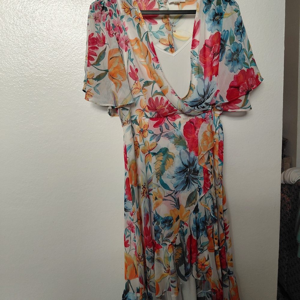 Calvin Klein Floral Wrap Maxi Dress in Red, Blue, Yellow, Green